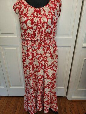 Derek Heart Red Peasant Dress High Low XL Stretch Ruffle Boho Travel Vacation
